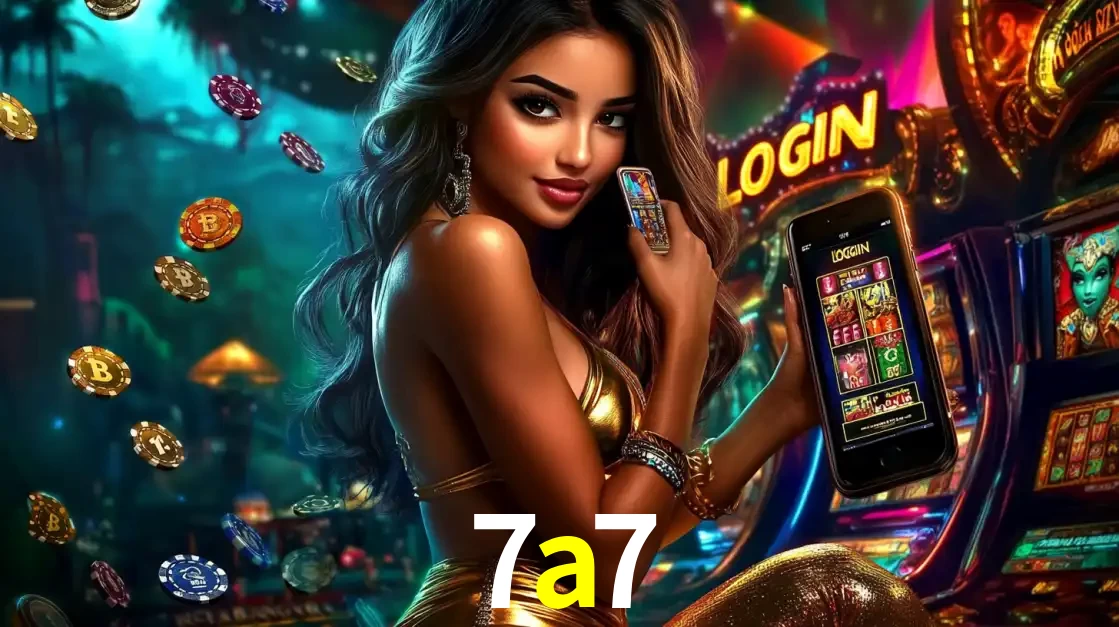 Mulher em um cenário de cassino temático de aventura, mostrando o app de caça-níqueis da 7a7 no celular. Fichas de apostas flutuam ao redor.