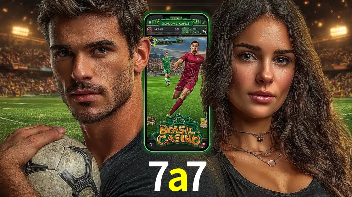 Homem segurando uma bola de futebol e uma mulher ao lado de um smartphone exibindo o jogo de apostas esportivas da 7a7. Faça seu palpite no cassino online.